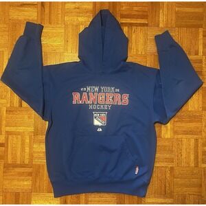 Vintage New York‎ Rangers Majestic NHL Hoodie Blue Red Retro Logo Men's XL